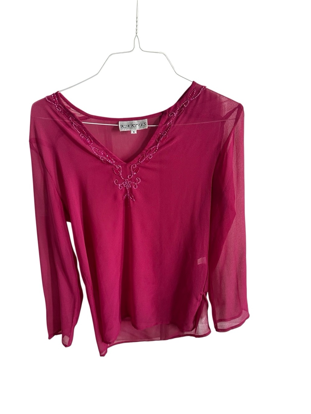 Kaktus Sheer V-Neck Beaded Blouse in Fuchsia